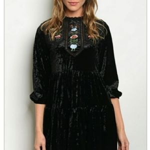 Sweet Claire Dress S Blk Boho Embroidered 3/4 Velvet Babydoll SDK1530